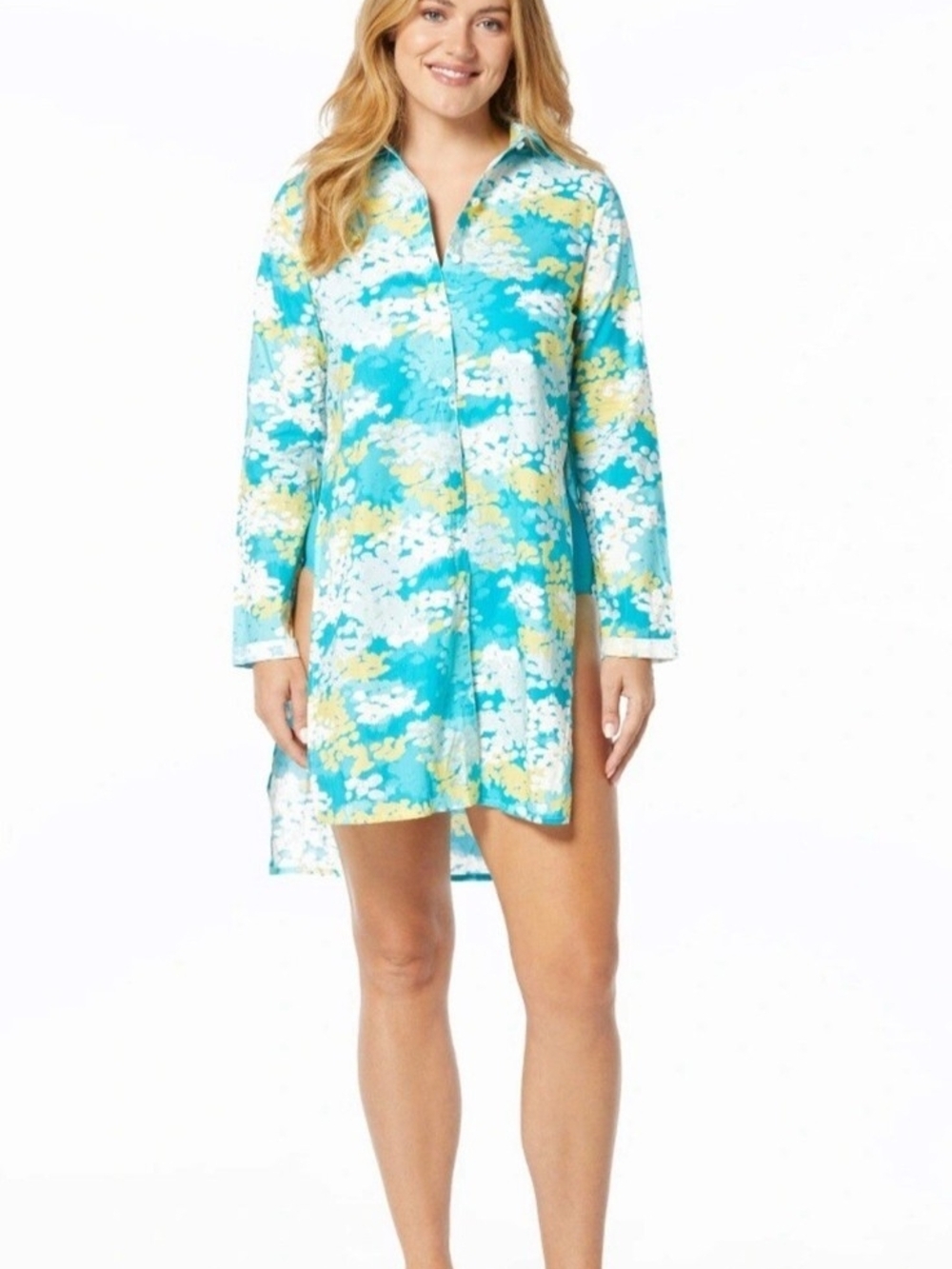 Carmen Marc Valvo Turquoise, White & Yellow Floral Swim Tunic One-Piece Cover-Up